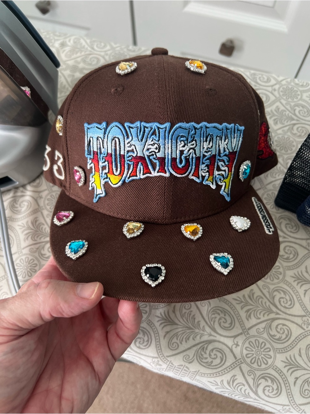 Brown Embellished Heart Jewel Snapback Cap